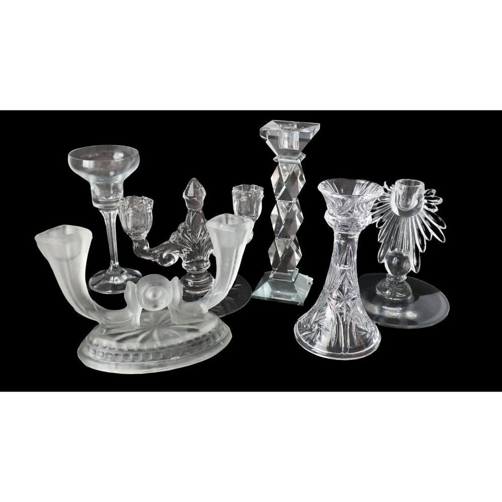 6 Curated Vintage Clear Candlestick Holders Single & Double